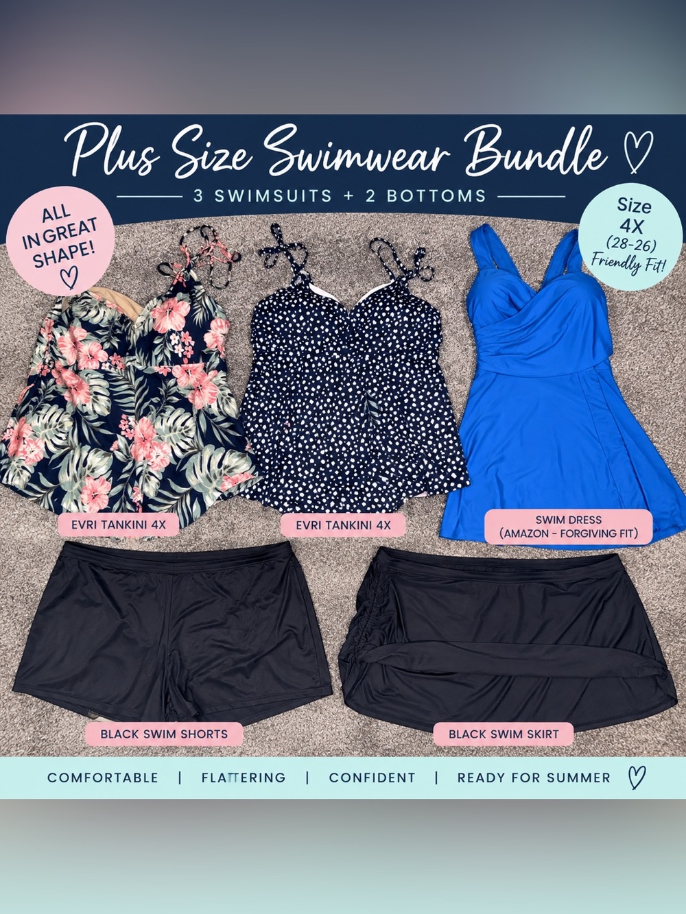 Plus Size Swimwear Bundle 4X 26/28 Evri Tankinis Swim Dress + Bottoms
